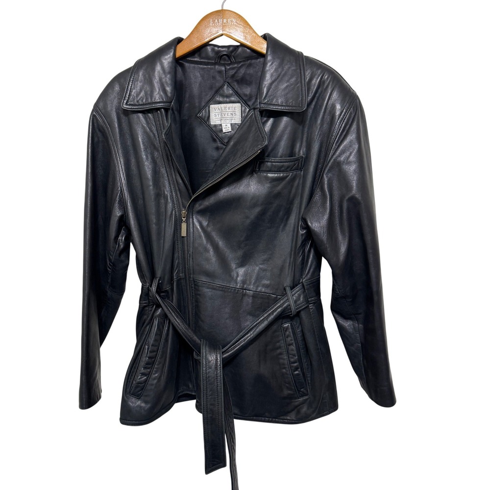Vintage Valerie Stevens Lamb Leather Belted Jacket Medium Black